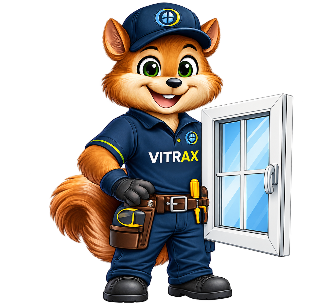 Maskot VITRAX — veverka servisní technik s oknem